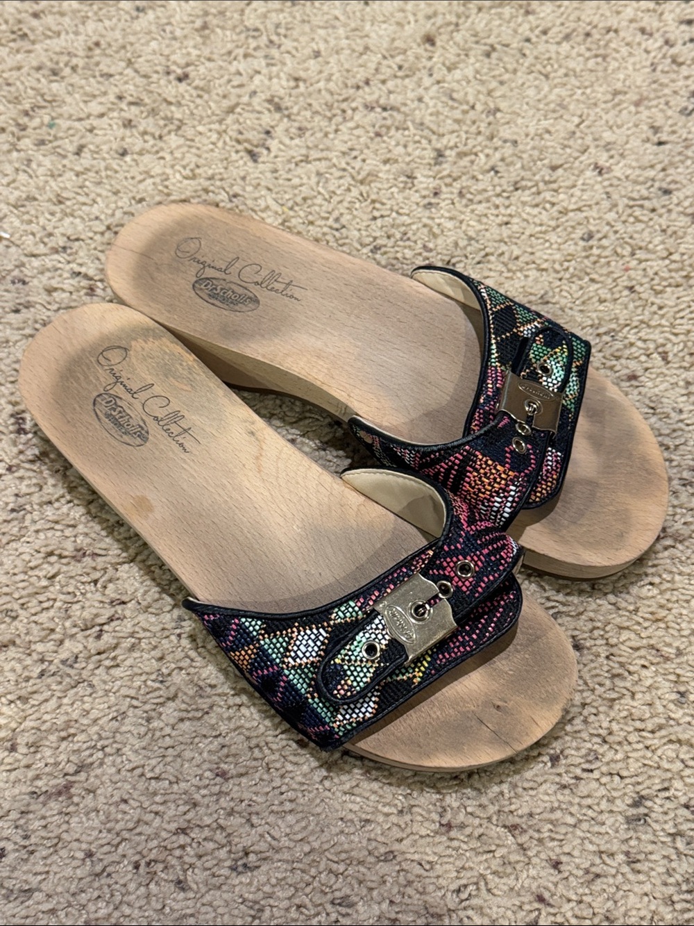 Dr. Scholl's Buckle Comfort Wooden Slide Sandals Multicolor Geometric Retro 7